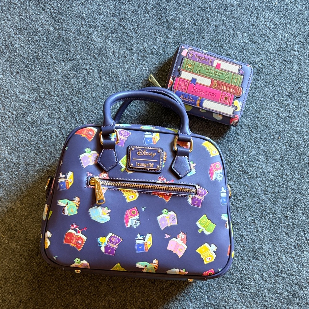 Loungefly Purple Book Pattern Bag and Wallet Set